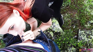 Crimson haired dame enjoys to deepthroat man rod and get romped in the nature, until she pops