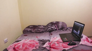 Puny jugged, platinum-blonde teenager is observing porno and tugging with a bang-out fucktoy, in her guest room