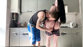 Drooly fellatio at the kitchen and doggy-style with jizz inwards