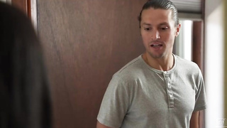 Excellent looking black-haired with lovely funbags and clean-shaven vag is about to have romp on the floor