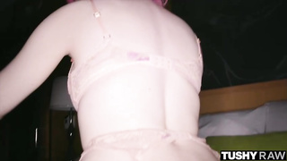 Whorish lady with pinkish hair is getting a rock rigid prick up her taut caboose fuck hole