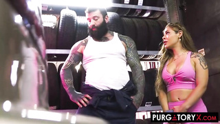 Inked guy is plowing his huge-chested gf, Laura Fox after getting an outstanding sucky-sucky from her