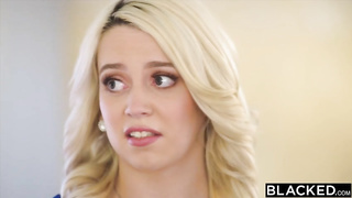 Tempting blond honey, Madison is providing a deep blowage to a black stud, Anton before drilling him