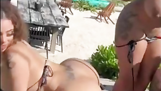 Unexperienced brown-haired is having a insane, ffm three-way with homies, in the middle of the day