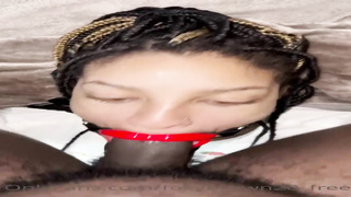 Naive Ebony stunner is anxiously blowing a ample, black knob while getting down on all fours on the floor