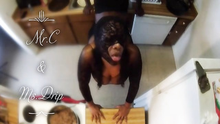 Ebony cougar, Ms. Dribble is yelling from sheer pleasure while getting nailed from behind, in the kitchen