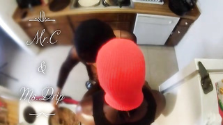 Ebony cougar, Ms. Dribble is yelling from sheer pleasure while getting nailed from behind, in the kitchen