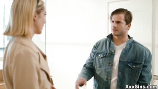 Good looking blond girl with puny tits, Aiden Ashley is deep throating and railing her paramour's manstick