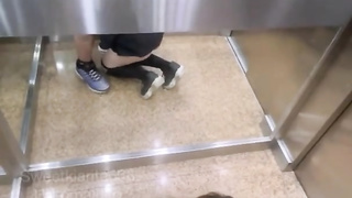 Stuck with my neighbor in elevator and he pummels my rosy pucker with internal cumshot