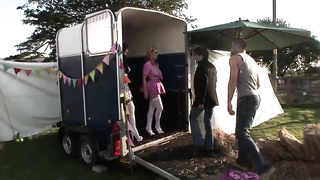 Frolic dark haired is jerking in the nature, in the late afternoon and squealing while jizzing