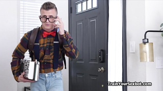 Busty tutor sexbot performs sloppy blowjob