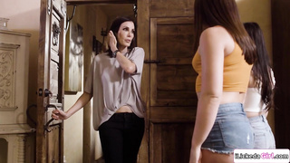 Lesbian teen and bff lick busty stepmom