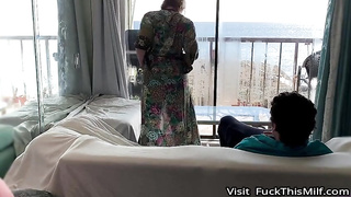 Plump, blond cougar with yam-sized orbs is about to get poked from the back, until she jizzes