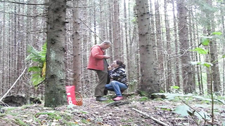 Trampy female is having fucky-fucky with a random dude, in the nature, after deep-throating his boner