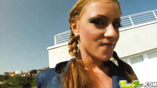 Ponytailed teenager with crimson hair and puny jugs, Gilda is having a 3some with 2 men