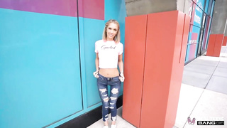 Puny jugged, blondie teenager is about to get torn up from the back, in front of the camera