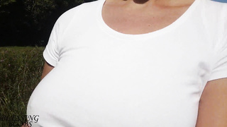 Adorable walk sans a hooter-sling, puffies glisten thru my white t-shirt (witness thru t-shirt) - orb walk