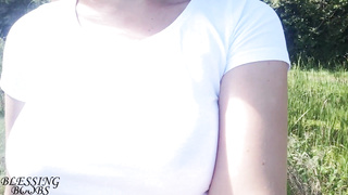 Adorable walk sans a hooter-sling, puffies glisten thru my white t-shirt (witness thru t-shirt) - orb walk