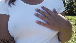 Adorable walk sans a hooter-sling, puffies glisten thru my white t-shirt (witness thru t-shirt) - orb walk