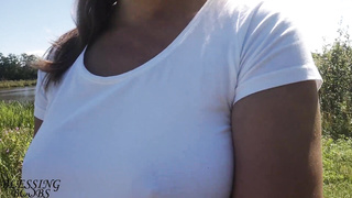 Adorable walk sans a hooter-sling, puffies glisten thru my white t-shirt (witness thru t-shirt) - orb walk