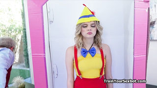 Petite blonde sexbot meets fat dick with her mouth