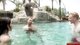 Super HOT bisexual threesome by the pool with 2 guys and 1 girl!