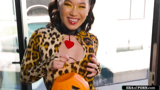 Diminutive breasted, Chinese dark haired is opening up her gams broad open to get pummeled until she gets sated