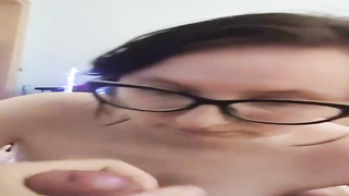 Nerdy doll is dressed in glasses while deep throating her step- parent's firm schlong, to make him jism