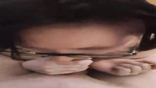 Nerdy doll is dressed in glasses while deep throating her step- parent's firm schlong, to make him jism