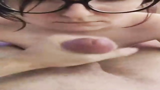 Nerdy doll is dressed in glasses while deep throating her step- parent's firm schlong, to make him jism