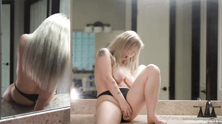 Bootylicious towheaded gal is frolicking with her large breasts and frolicking her dribbling humid cunny