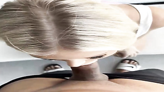 First-Timer blond is juggling up and down while humping a black dude after deepthroating his jizz-shotgun