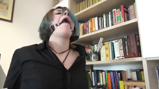 Wild female gets supah sexually aroused while trussed up cock-squeezing and ball-gagged, by a random stud