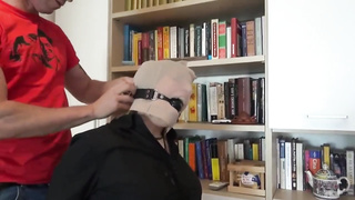 Wild female gets supah sexually aroused while trussed up cock-squeezing and ball-gagged, by a random stud