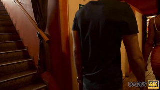 Daddy4k&period; Small Older Fellow Adorably Spreads Sons-In-Law Steaming Girlfriend On The