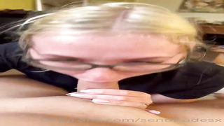 Nerdy blondie honey with yam-sized glasses is gargling jizz-shotgun and getting ravaged from the back