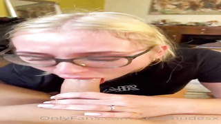 Nerdy blondie honey with yam-sized glasses is gargling jizz-shotgun and getting ravaged from the back