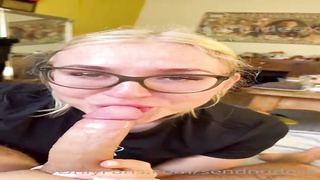 Nerdy blondie honey with yam-sized glasses is gargling jizz-shotgun and getting ravaged from the back