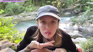 Brilliant Woman Deepthroating Thick Schlong until Oral Job Internal Cumshot in the Woods