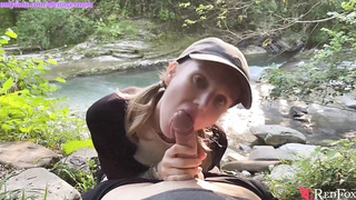 Brilliant Woman Deepthroating Thick Schlong until Oral Job Internal Cumshot in the Woods