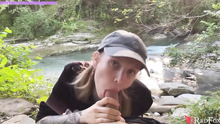 Brilliant Woman Deepthroating Thick Schlong until Oral Job Internal Cumshot in the Woods