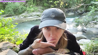 Brilliant Woman Deepthroating Thick Schlong until Oral Job Internal Cumshot in the Woods