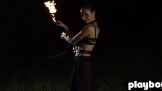 Cute teen Elilith Noir playing with fire