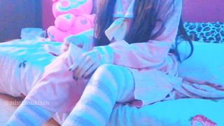 Kawaii Japanese chick caressing her labia and smashing cushion when parents are home noisy screaming