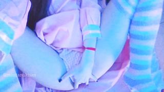 Kawaii Japanese chick caressing her labia and smashing cushion when parents are home noisy screaming