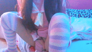 Kawaii Japanese chick caressing her labia and smashing cushion when parents are home noisy screaming