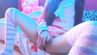 Kawaii Japanese chick caressing her labia and smashing cushion when parents are home noisy screaming