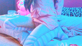 Kawaii Japanese chick caressing her labia and smashing cushion when parents are home noisy screaming