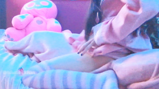 Kawaii Japanese chick caressing her labia and smashing cushion when parents are home noisy screaming