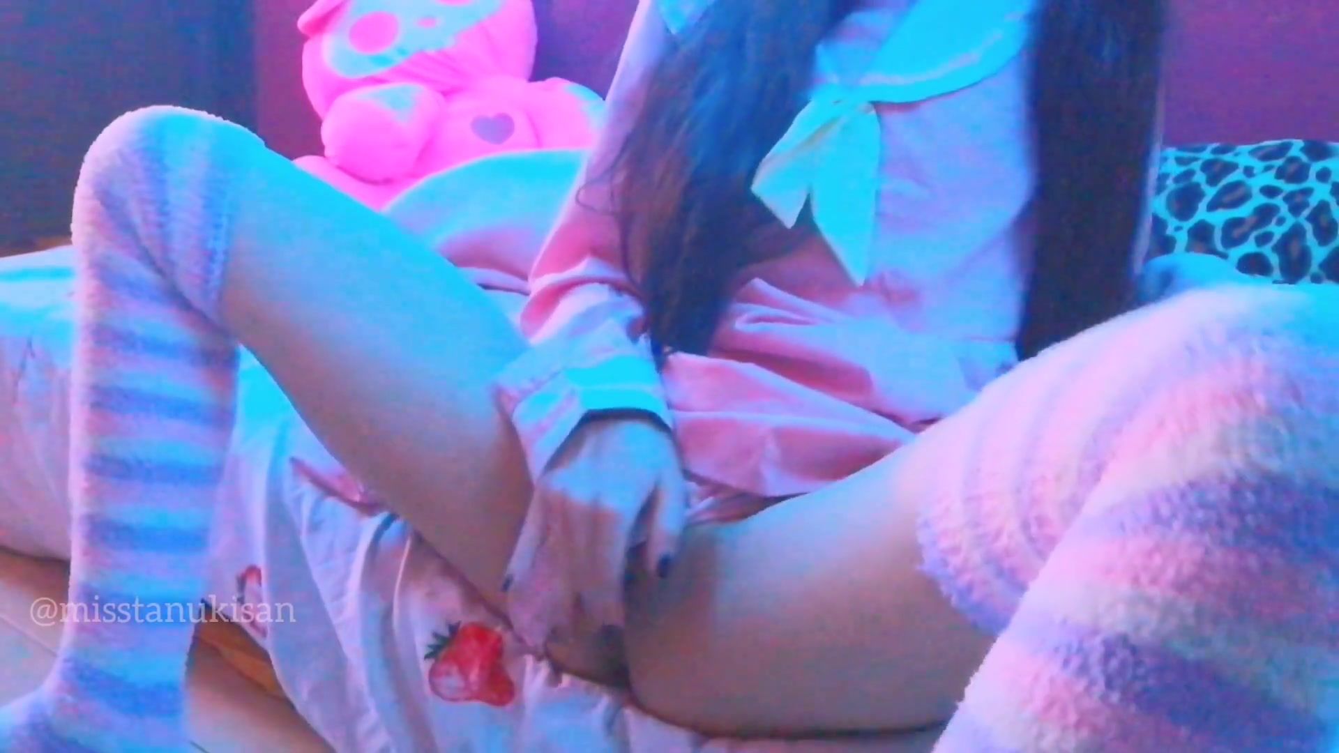 Kawaii Japanese chick caressing her labia and smashing cushion when parents are home noisy screaming